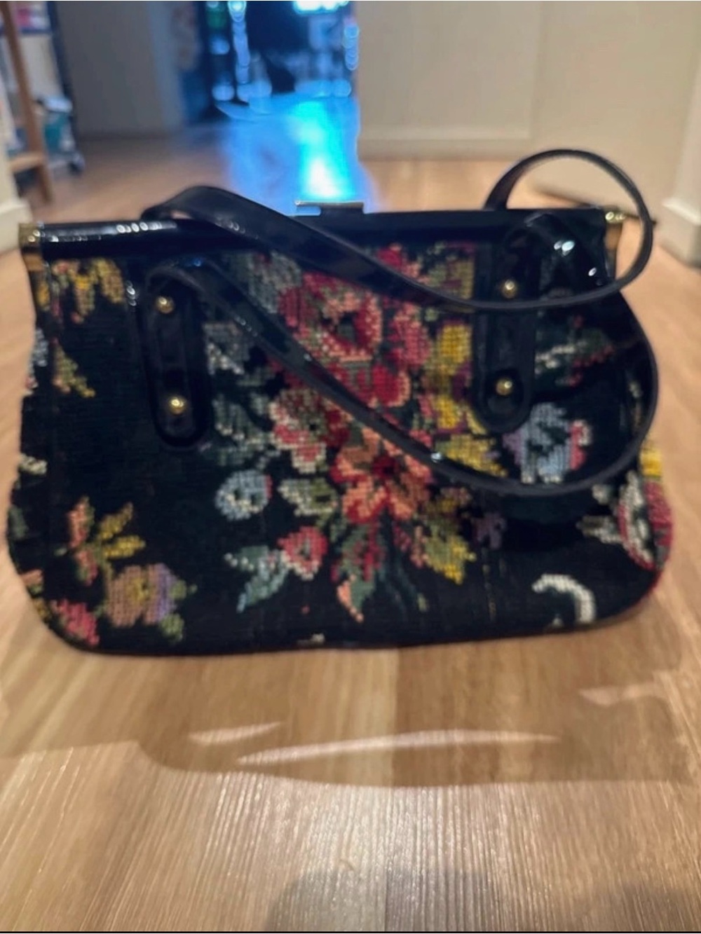 Floral Needlepoint Shoulder Bag in Black